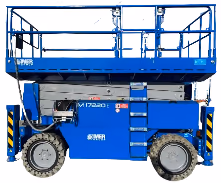 Blue Imer Group scissor lift with gray wheels and safety rails in raised position.