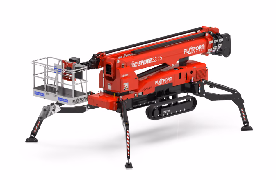 Red tracked spider lift platform with extendable legs and basket for elevated work.