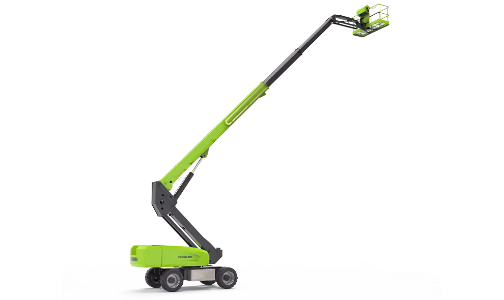 Green and black telescopic boom lift with extended arm and work platform at height.