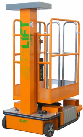 Orange Axolift ELIFT vertical personnel lift with platform and safety rails on wheels.