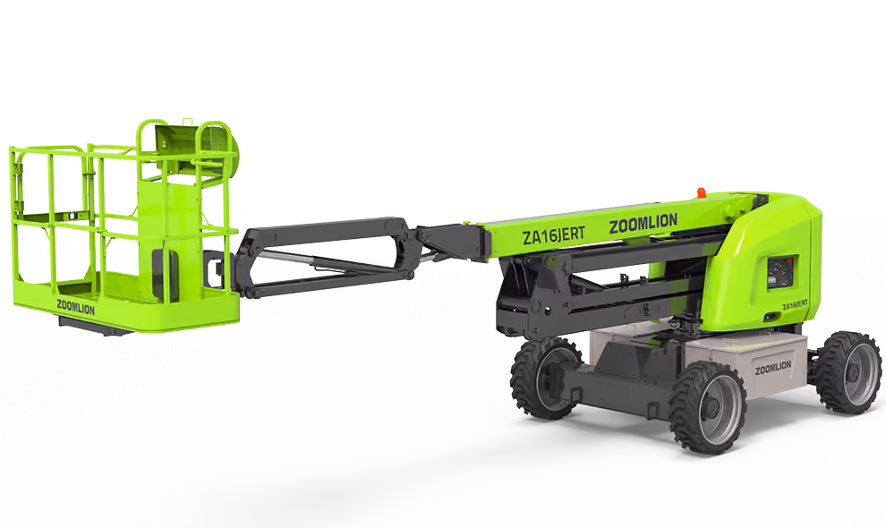 Bright green Zoomlion ZA16JERT boom lift with extended arm and cage platform on black wheels.