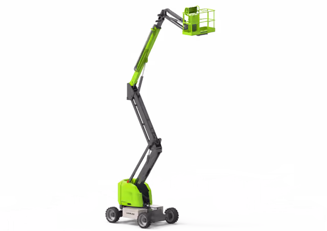Green and black articulated boom lift with elevated platform on four wheels on white background.