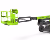 Green and black articulated boom lift with an extended platform against a white background.