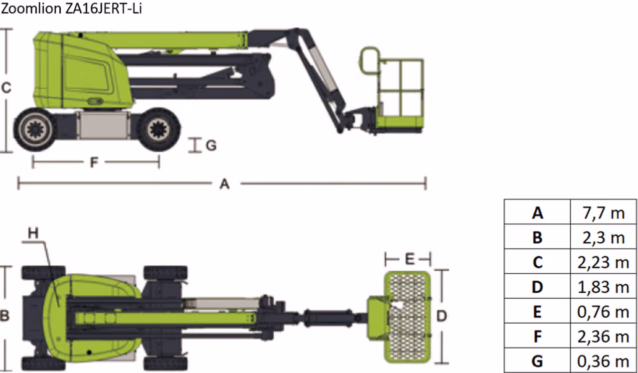 Zoomlion ZA16JERT-Li lift with dimensions: length 7.7m, width 2.3m, height 2.23m, platform size 0.76x1.83m.