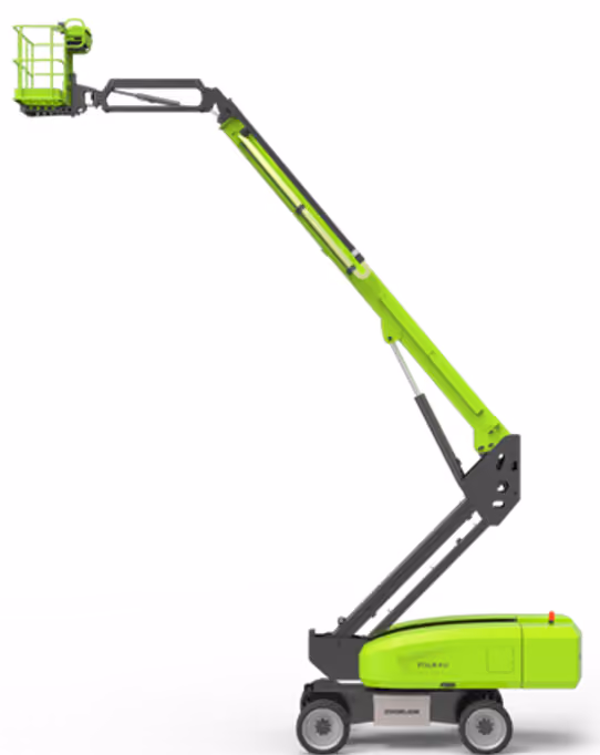 Green and black articulated boom lift with extended arm and safety cage on white background.