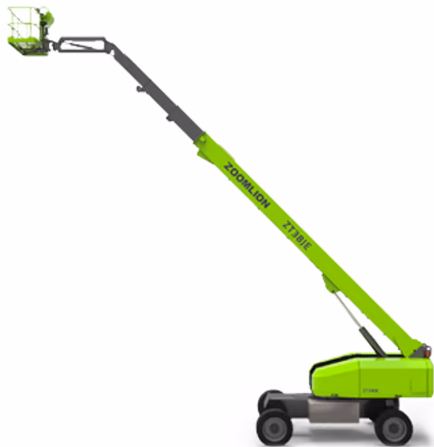 Green Zoomlion ZT38JE telescopic boom lift with extended arm and platform.