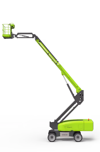 Green and black articulated boom lift with extended arm and operator platform raised.