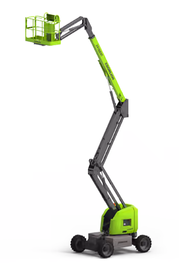 Green and black articulated boom lift with extended arm and raised work platform.