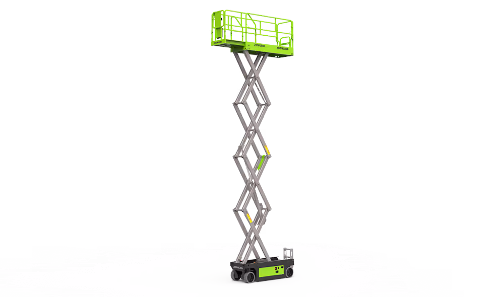 Tall green and gray scissor lift elevated with platform and wheels on white background.
