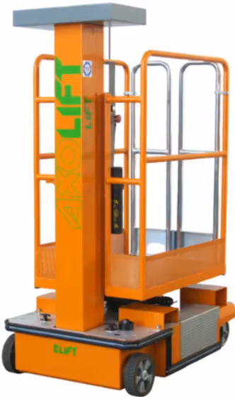 Orange mobile vertical lift platform with safety railings and control panel for elevated work.