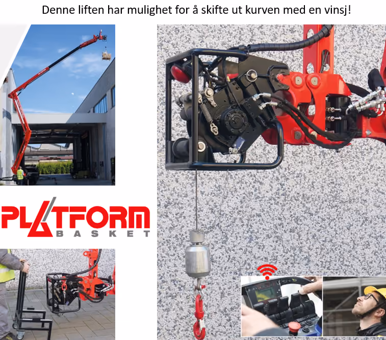 Red Platform Basket lift with winch attached, showing remote control and worker wearing helmet.