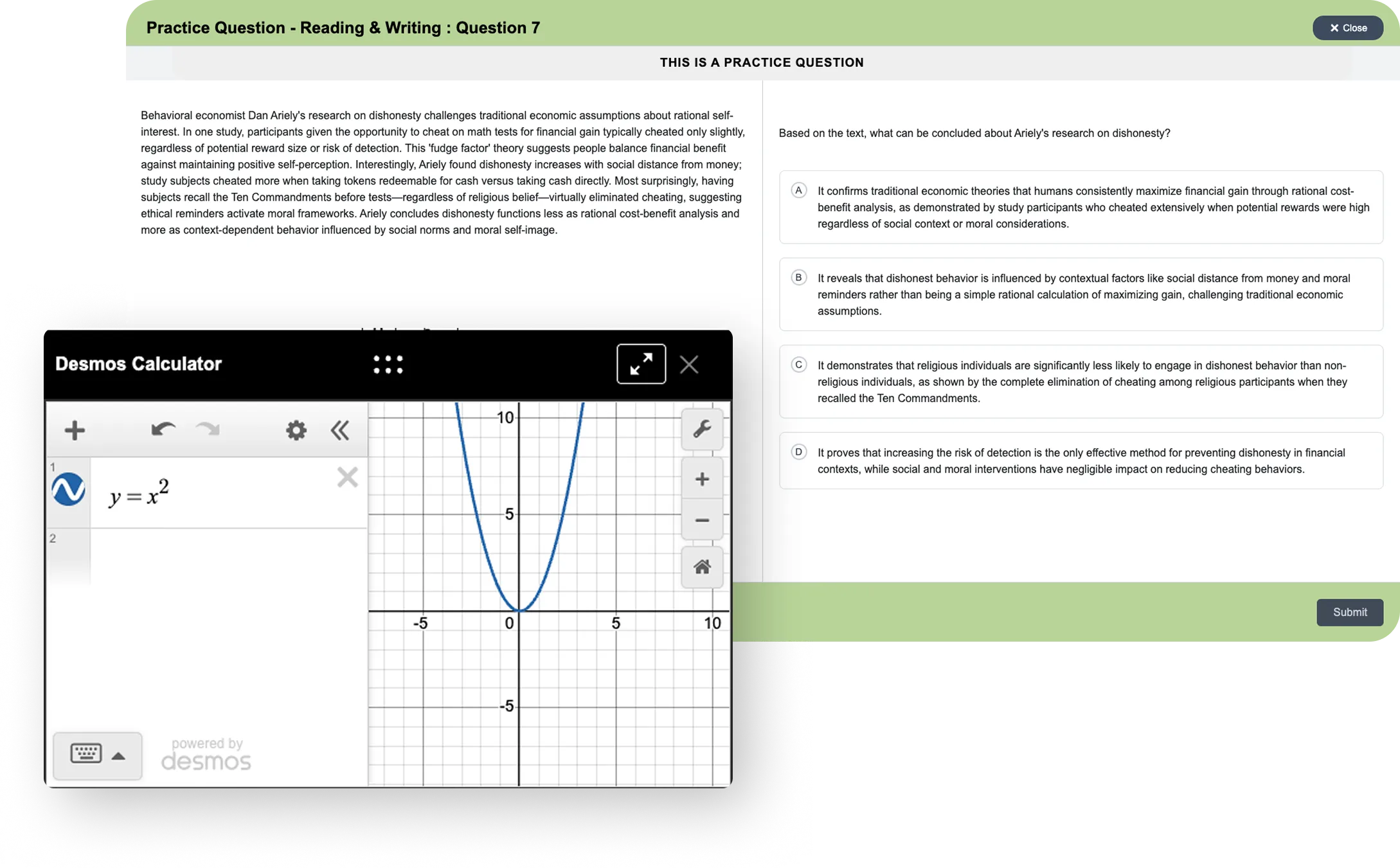 Practice question on dishonesty research by Dan Ariely with multiple-choice answers, overlaid by a Desmos graph calculator displaying the quadratic function y = x squared.