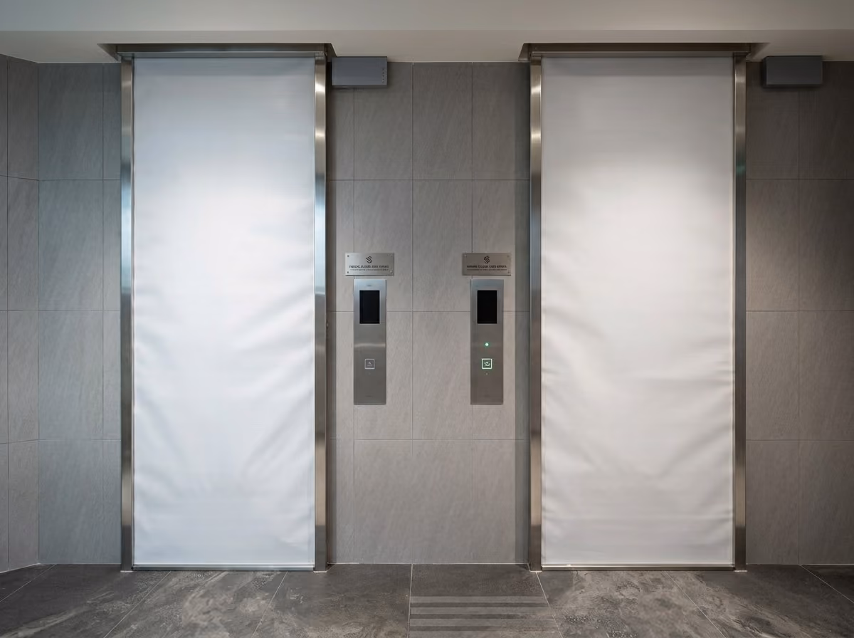 Two modern elevator doors with white roller blinds and control panels in a tiled lobby.