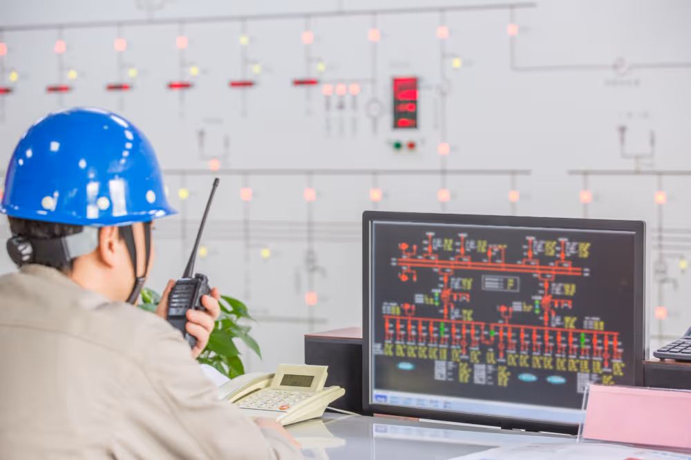 A construction worker with a walkie talkie