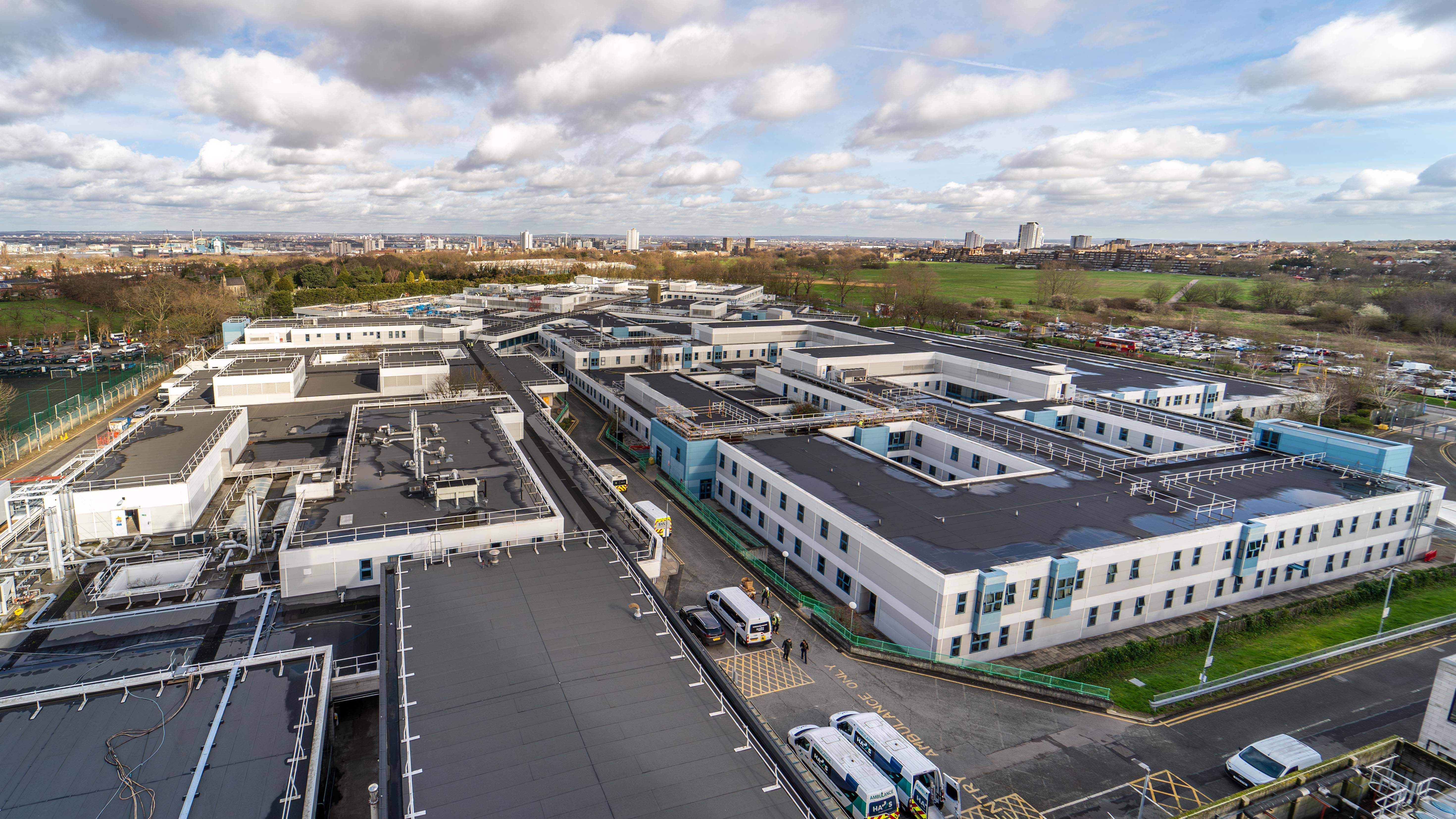 An aerial view of a large industrial building.