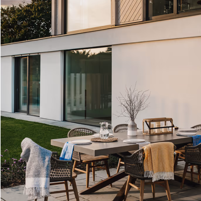 An outdoor garden with seating