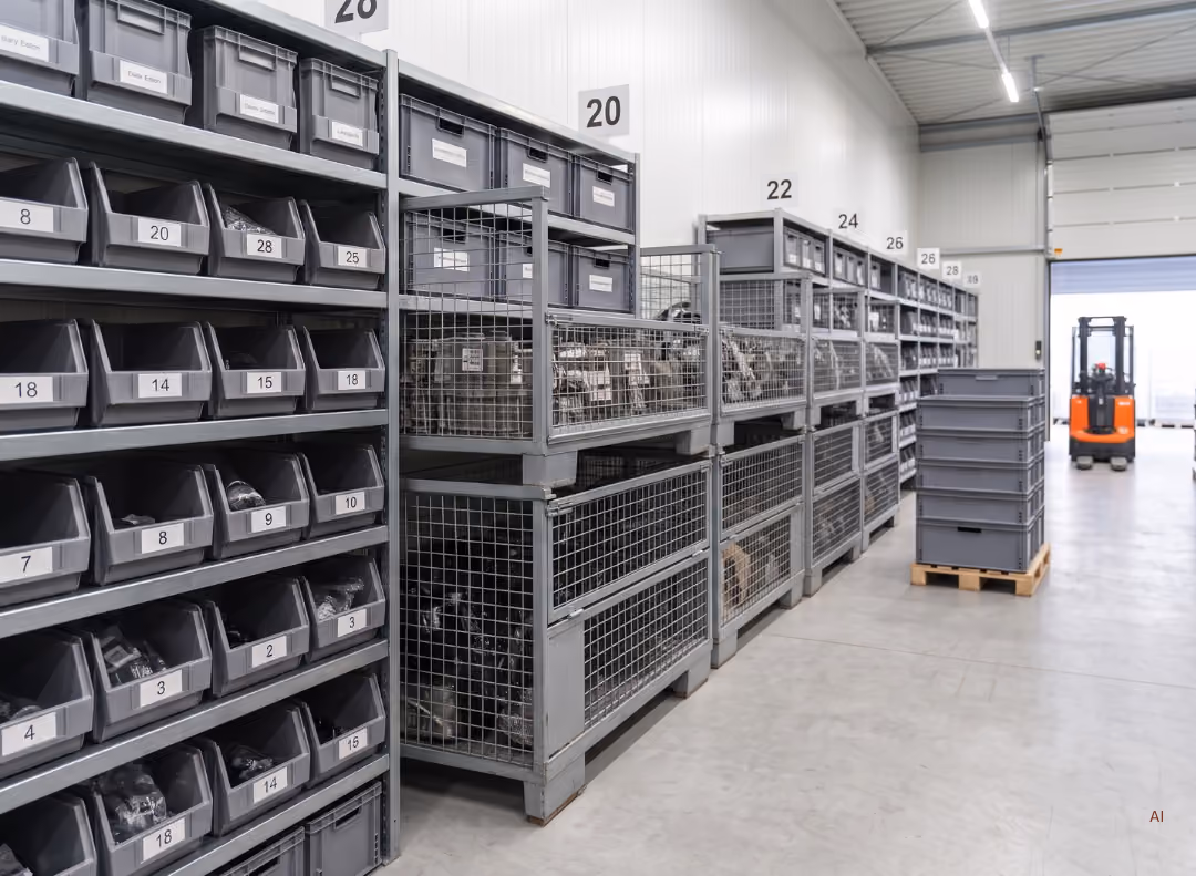 Magazyn z metalowymi regałami i pojemnikami na części, paleta z szarymi skrzyniami i wózek widłowy.