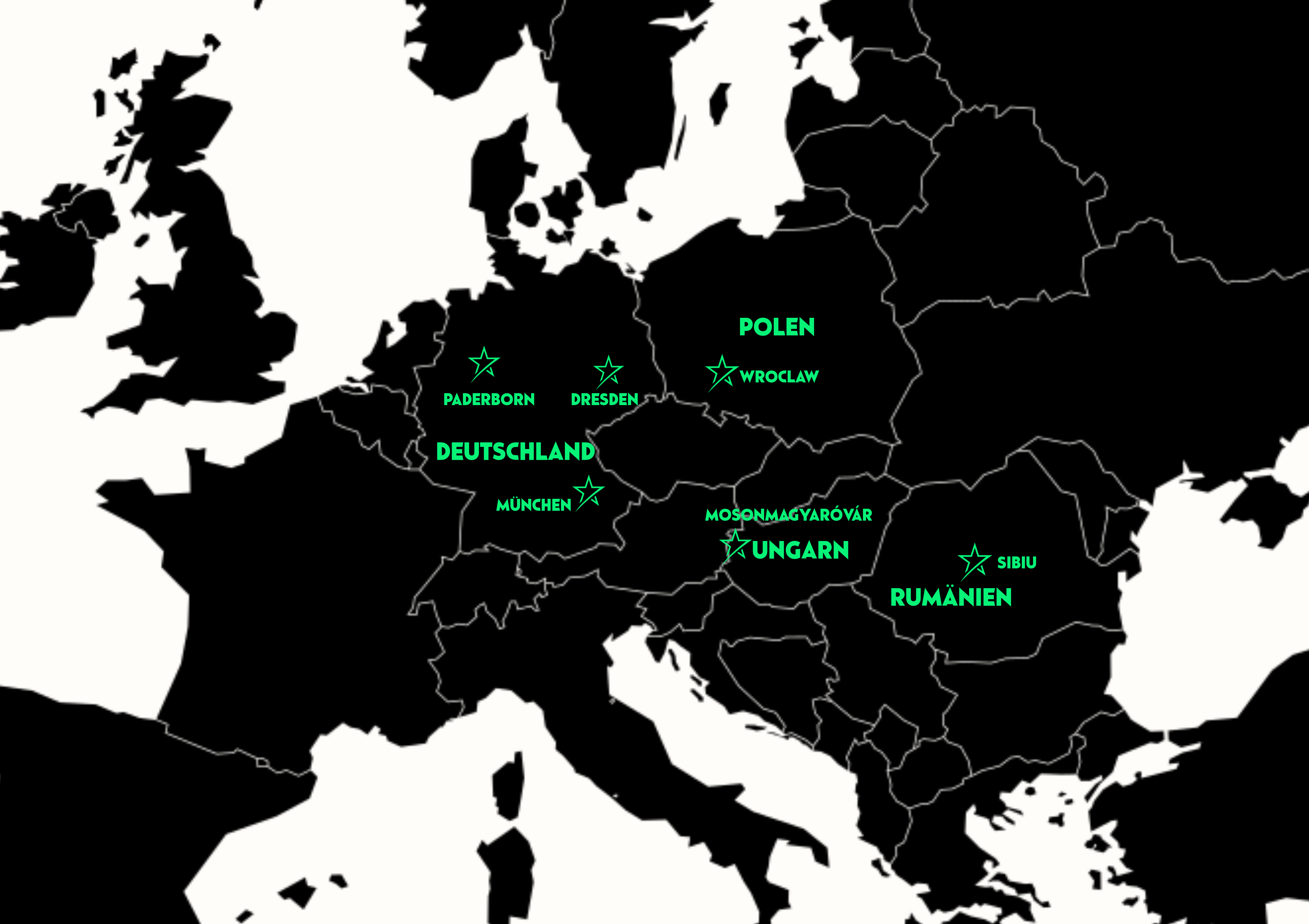 Mapa Europy pokazująca lokalizacje w Niemczech (Paderborn, Drezno, Monachium), Polsce (Wrocław), na Węgrzech (Mosonmagyaróvár) i w Rumunii (Sybin), wszystkie oznaczone zielonymi gwiazdkami i nazwami krajów oraz miast w języku niemieckim na czarnym tle.