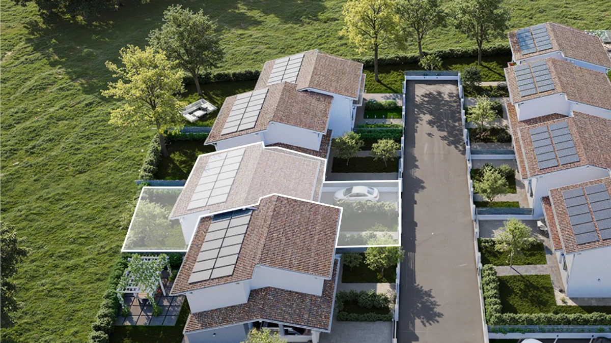 Villa n° 2 - vista dall'alto del residence con pianta evidenziata