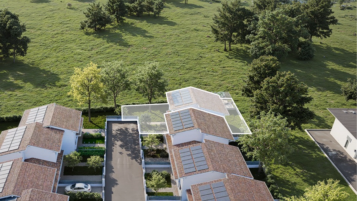 Villa n° 5 - vista dall'alto del residence con pianta evidenziata