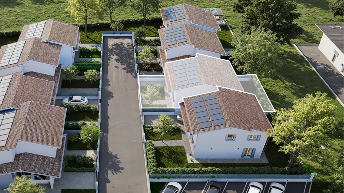 Villa n° 7 - vista dall'alto del residence con pianta evidenziata