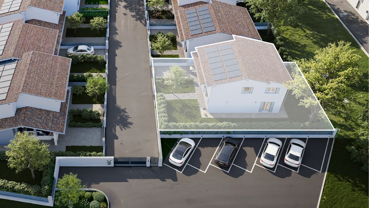 Villa n° 8 - vista dall'alto del residence con pianta evidenziata