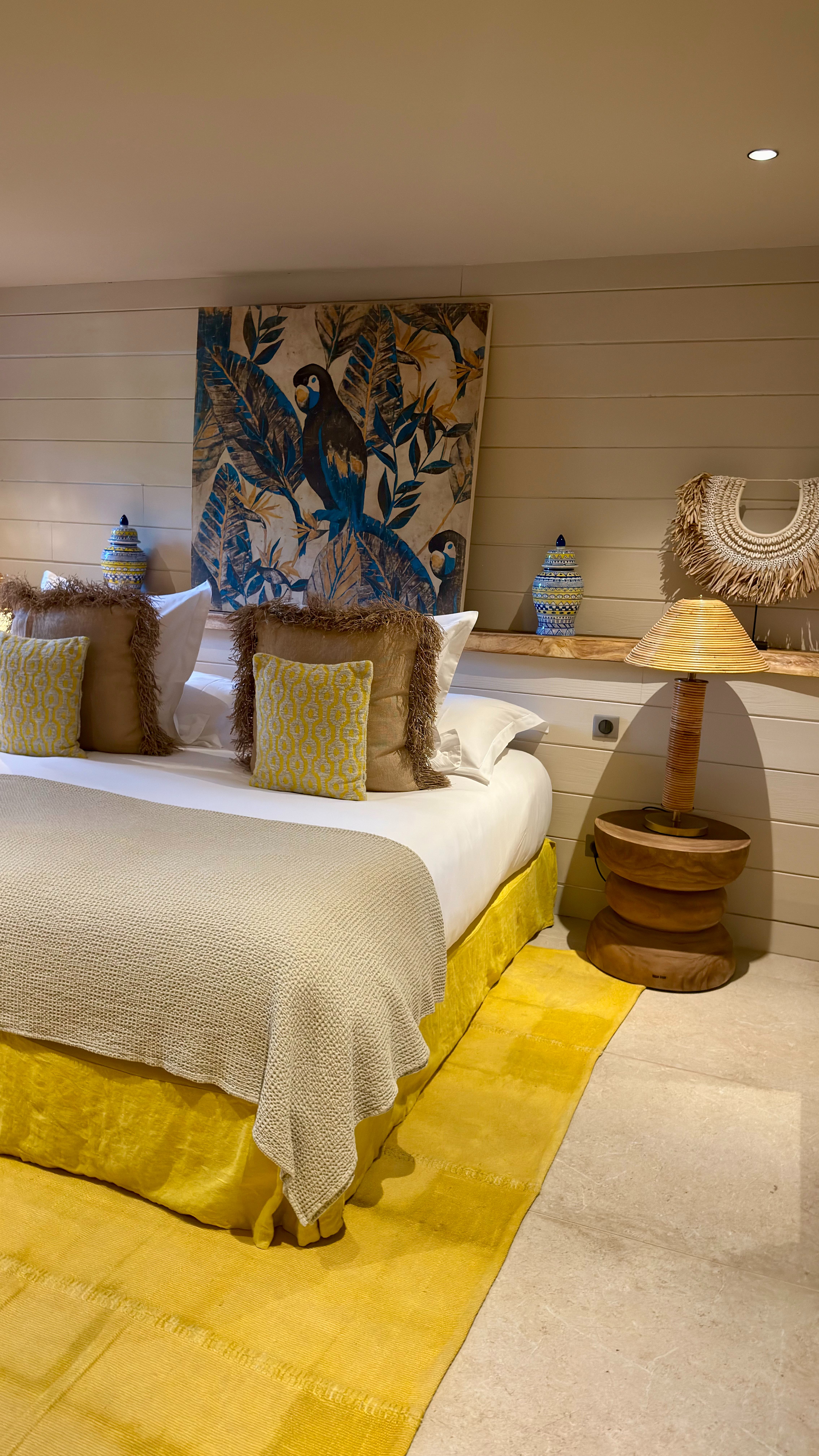 Boho-inspired bedroom at Gyp Sea Beach House in Saint-Jean Bay, St. Barths.