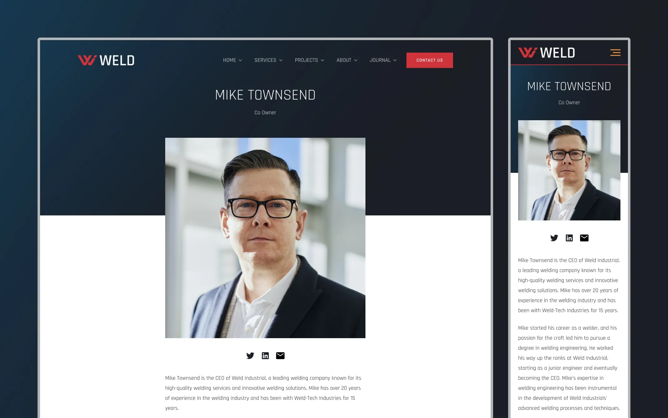 Team member bio desktop and mobile mockup
