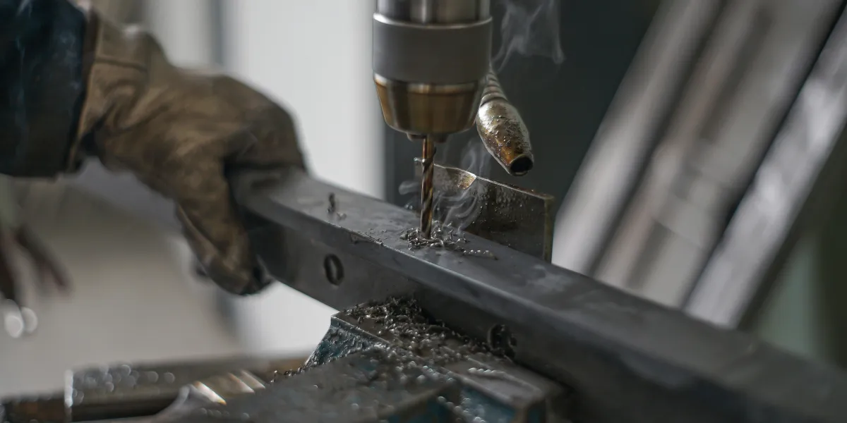 Worker hold metal while drilling