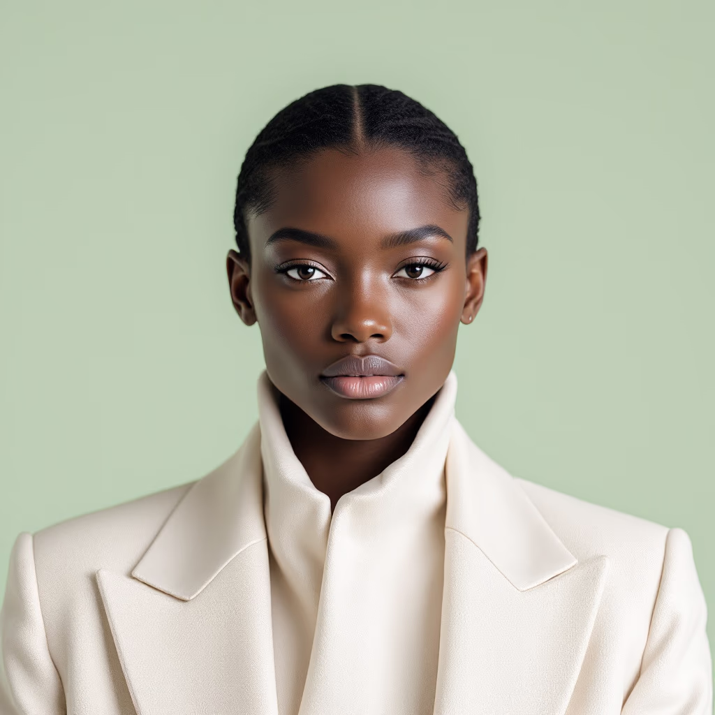 Portrait of a woman with braided hair wearing a cream blazer against a soft green background.
