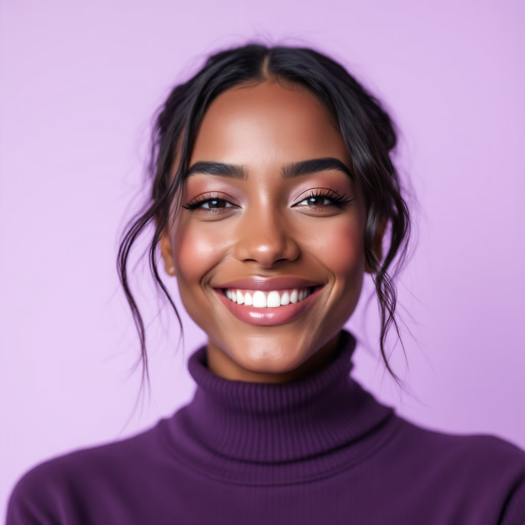 Smiling woman with natural makeup wearing a purple turtleneck against a light purple background.