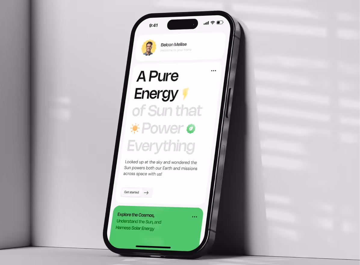 Smartphone displaying a solar energy app interface with text about harnessing the power of the sun and exploring the cosmos.