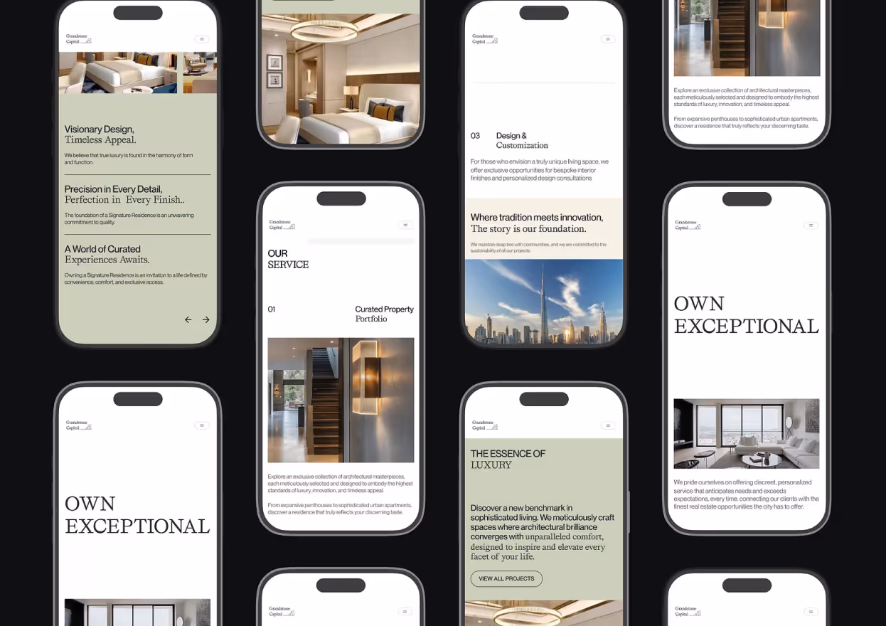 Multiple smartphone screens displaying a luxury real estate website with modern apartment images and text about curated property portfolios, design customization, and luxury living.