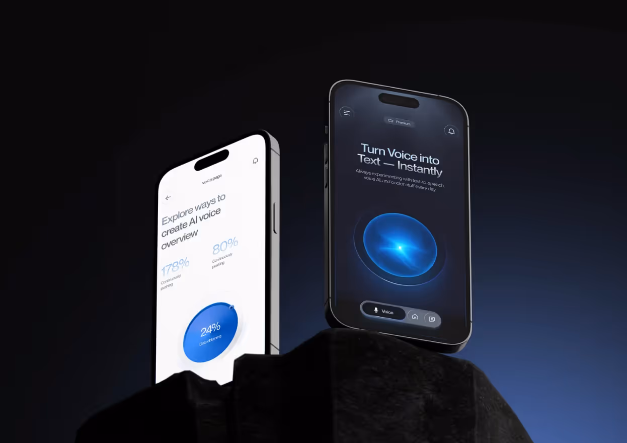 Two smartphones on a black rock pedestal displaying AI voice interface apps, one with a dark mode screen showing 'Turn Voice into Text — Instantly' and a glowing blue orb, the other with a light mode screen showing voice creation stats and a circular chart.
