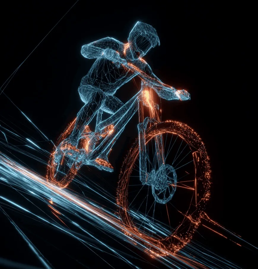 Whistle Bikes digital wireframe e-mountain bike rider showcasing innovative performance technology and design