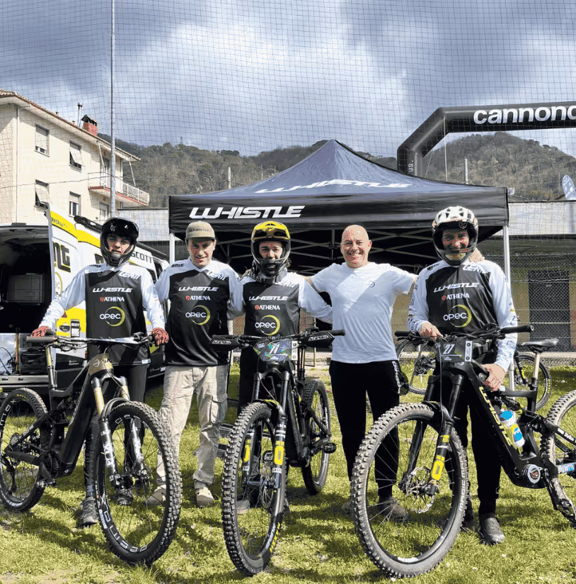 Whistle Bikes e-mountain bike team with carbon full-suspension models showcasing performance, technology, innovation and precision design