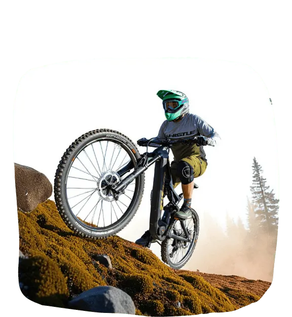 Whistle Bikes e-enduro rider in branded performance apparel demonstrating innovative design and technology