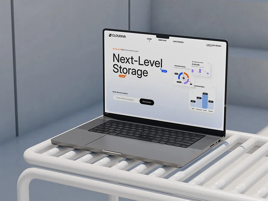 Offener Laptop auf weißem Metallgestell mit Webseite von CLOUDIVA, die 'Next-Level Storage' und Abonnement für Early Access zeigt.