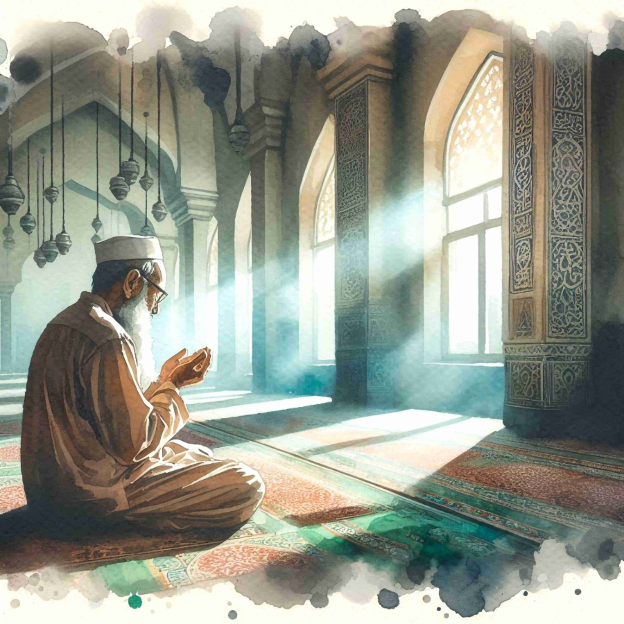 Dua for Happiness blog image: Man in a masjid with hands raised in prayer 
