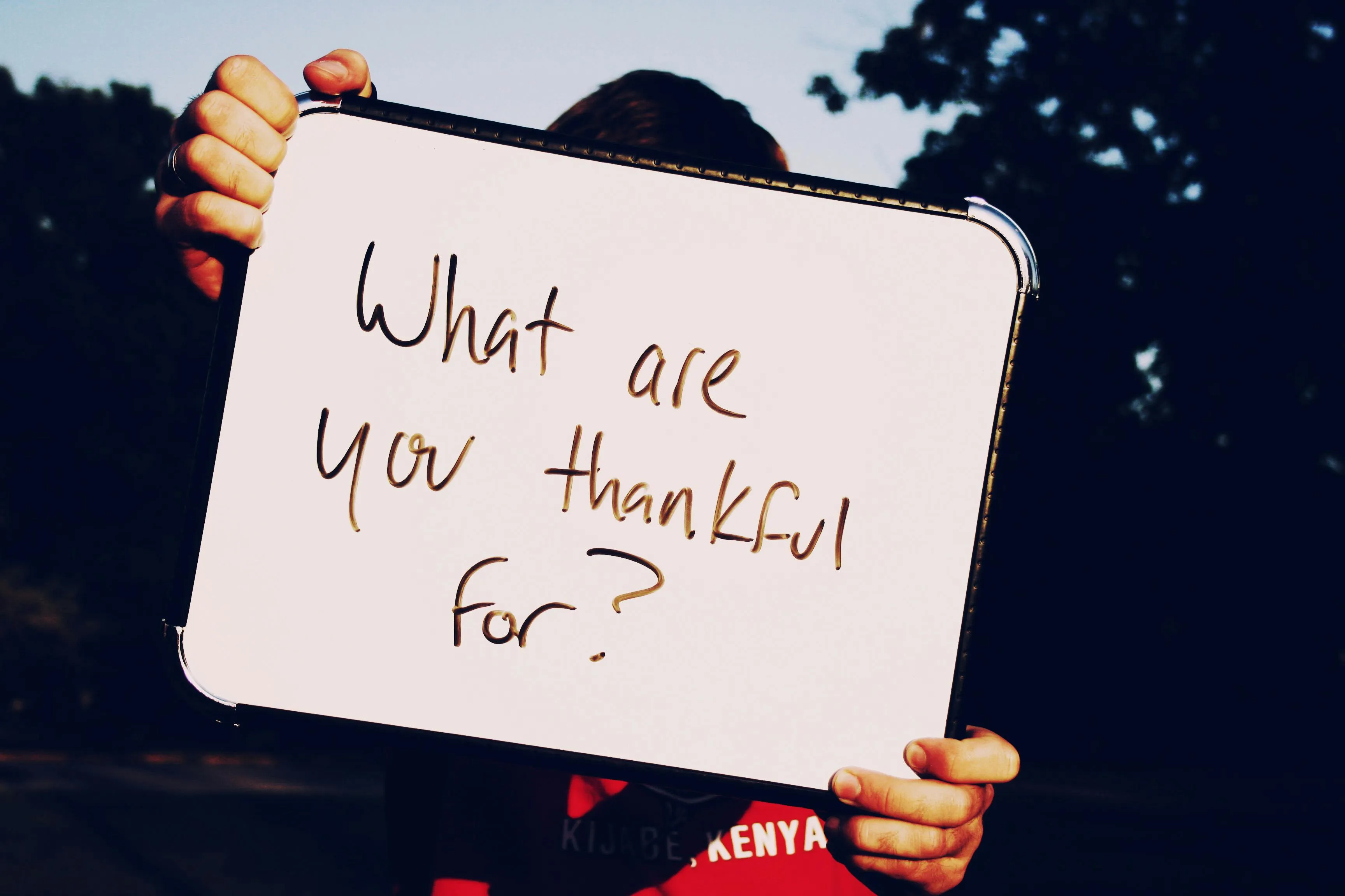 Saying Alhamdulillah for Everything Blog Image: Person holding a square sign that reads ‘What are you thankful for?’ 