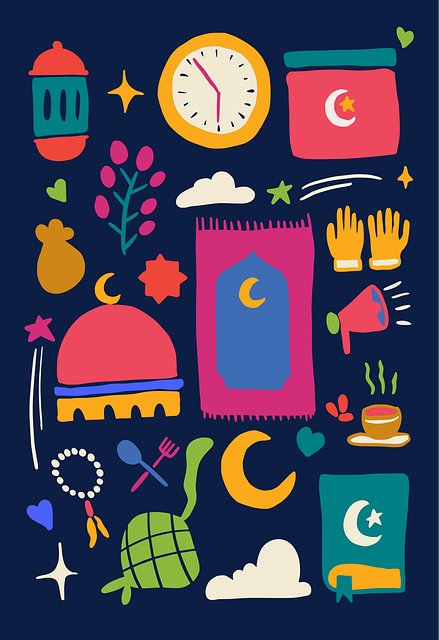 Maintaining Connection with Allah Post-Ramadan Blog Image: Clip arts related to Islamic worship 