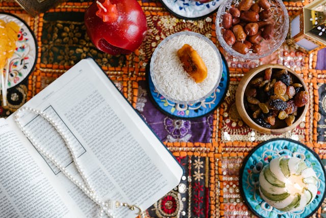 Islamic Duas for New Year Blog Image: Food and a book on table