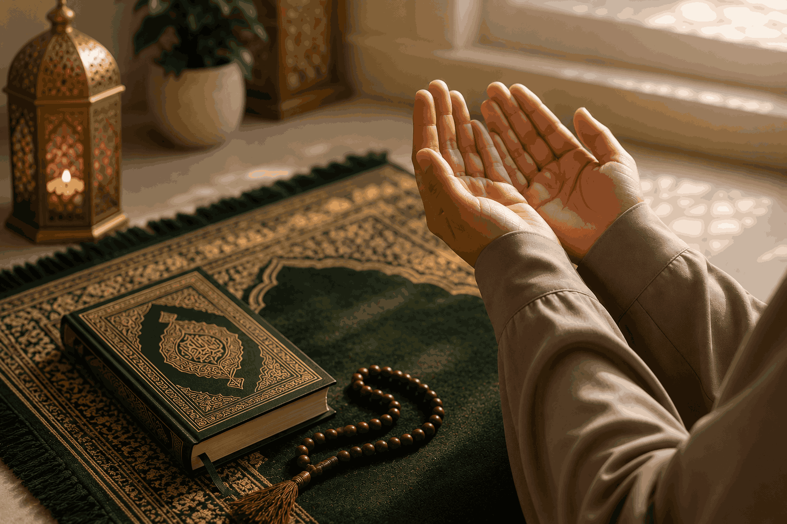 Dua after Prayer Blog image: Hands raised in dua,with  a Qur'an, a prayer mat, and prayer beads placed nearby 