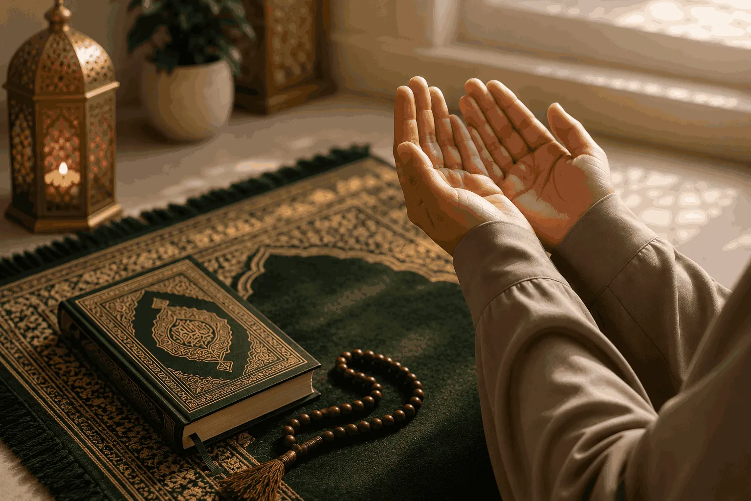 Dua after Prayer Blog image: Hands raised in dua,with  a Qur'an, a prayer mat, and prayer beads placed nearby 