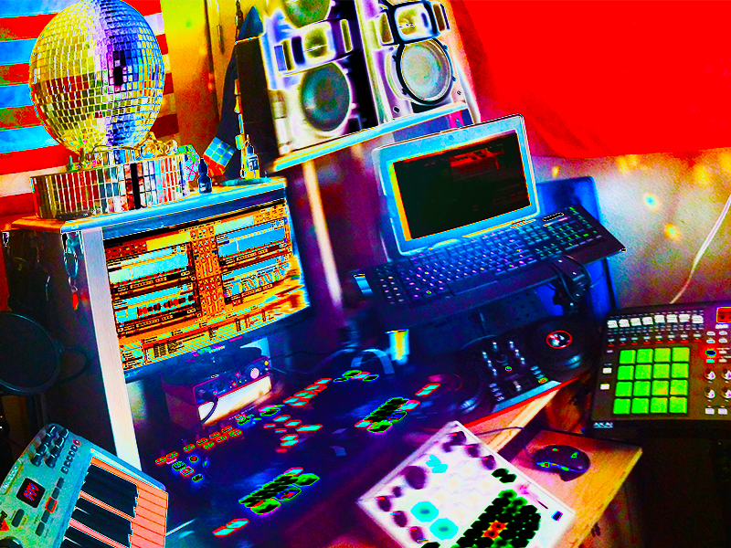 Remote office DJ radio setup Traktor inverted bright colors DAW station mobile setup