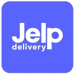 El logo de Jelp Delivery muestra la palabra 'JELP' en letras mayúsculas de color blanco y la palabra 'Delivery' en letras minusculas debajo de la palabra 'JELP', sobre un cuadrado azul.