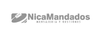 El logo de NicaMandados se presenta con una ilustracion de un sobre de carta en movimiento seguido de la palabra 'NicaMandados' debajo de este las palabras 'MENSAJERIA Y GESTIONES' en mayuscula pero una escala menor todo el logo esta en color blanco.