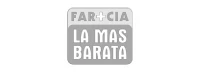El logo de se presenta con tres palabras dentro de un cuadrado en rojo con una franja amarilla en la parte superior dentro de esta la palabra 'FARMACIA' en mayuscula y color rojo donde las letras 'MA' se sutituye por una cruz blanca de esto las palabras 'LA MAS BARATA' en mayuscula en color blanco.