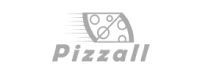 El logo de Pizzall es representado en la parte superior por una ilustracion  de dos pedazos de pizza una viendo hacia el otro en movimiento, de bajo de esto la palabra 'Pizzall' en estilo italiano, todo el logo esta en color amarillo