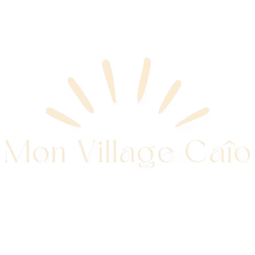 Mon Village Caîo logo with cream-colored text and stylized sunburst design on a muted green background